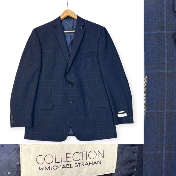 New Michael Strahan Mens Windowpane Plaid Blue Blazer SportCoat Classic Fit 44L - Picture 2 of 16